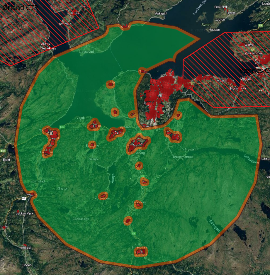 A map representing no flight zones in Trondheim